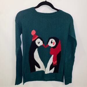Hollister Dark Green Penguins Kissing Heart Winter Holiday Sweater Size XS